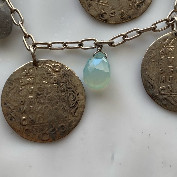 Silver Coin Charm Layered Necklace with Pale Blue and Gray crystal Accents - Picture 3 of 5